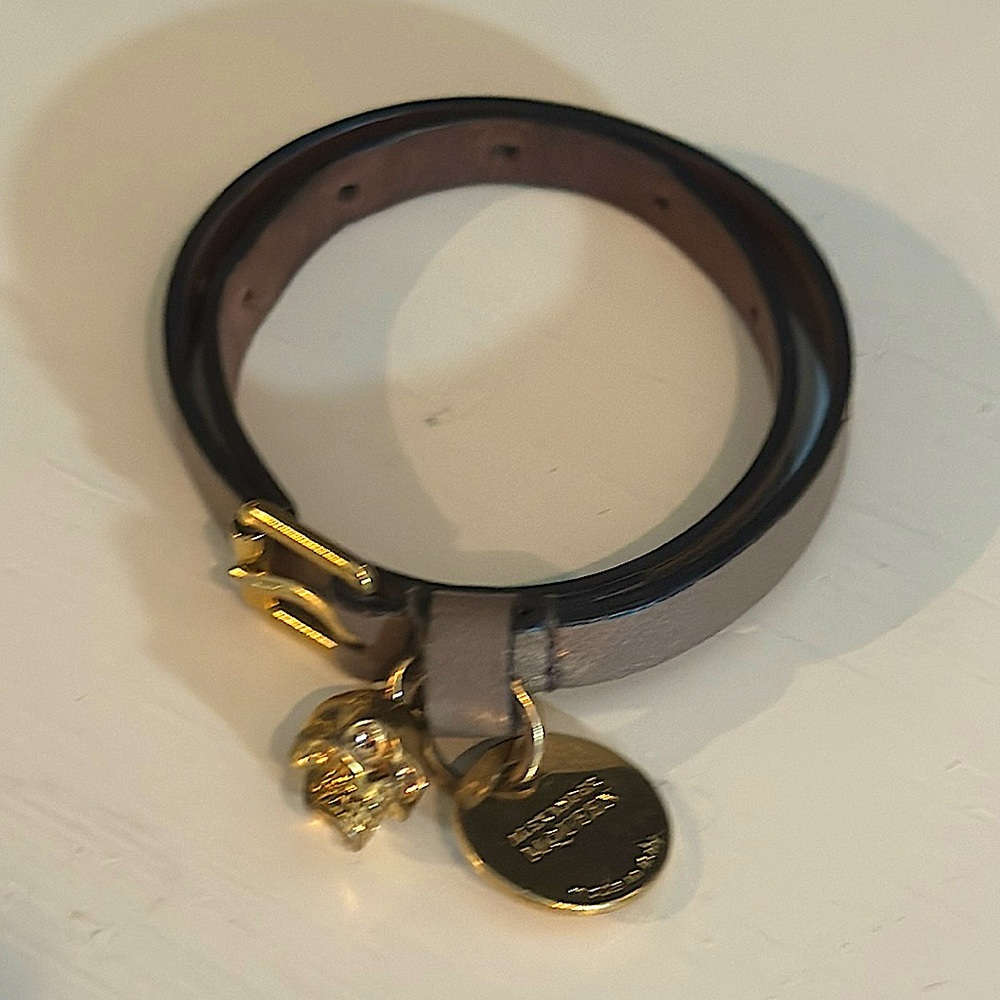 Alexander McQueen Taupe Leather Goldtone Skull Wrap Bracelet